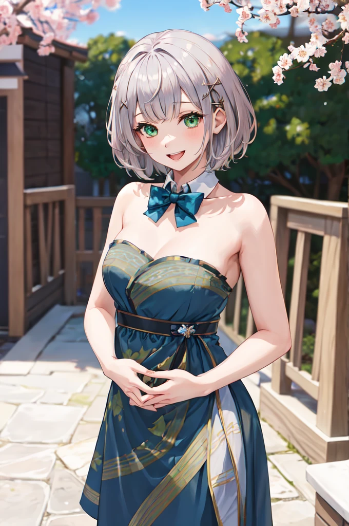 masterpiece, best quality, ffnoel, short hair, x hair ornament, green eyes, blue bowtie,smile, outdoors, cherry blossoms, standing, cowboy shot, open mouth,nude,nude,cowgirl sex