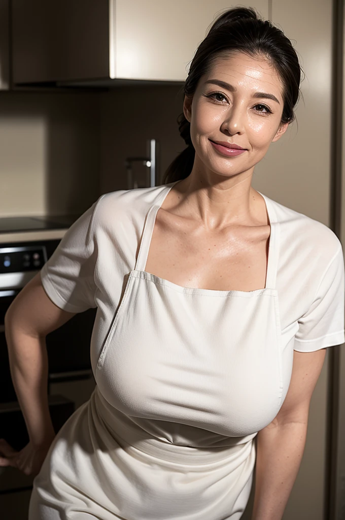 (masterpiece:1.4),(59 years old female :1.5),(Facial wrinkles:1.2), (Nasolabial folds), (side ponytail hair : 1.1), gentle smile, beautiful Mature Woman, glossy make up, (thick lips), (White apron : 1.3), (short-sleeve blouse : 1.2), (collar bone), pores, Skin blemishes, fleckled skin, realistic detailed skin, (Plump arms : 1.3), kitchen, asymmetry face, crooked face