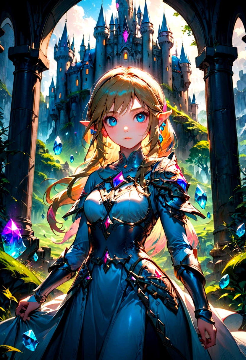 1girl, Princess Zelda, The Legend of Zelda, A highly detailed fantasy landscape,rolling hills,lush forests,medieval castle,ancient ruins,glowing magical crystals,dramatic lighting,epic adventure,beautiful detailed eyes,extremely detailed face and intricate outfit,stunning digital art,cinematic composition,vibrant colors,dramatic lighting,fantasy art,concept art,ultra-detailed,8k,professional, masterpiece, best quality, very aesthetic, absurdres