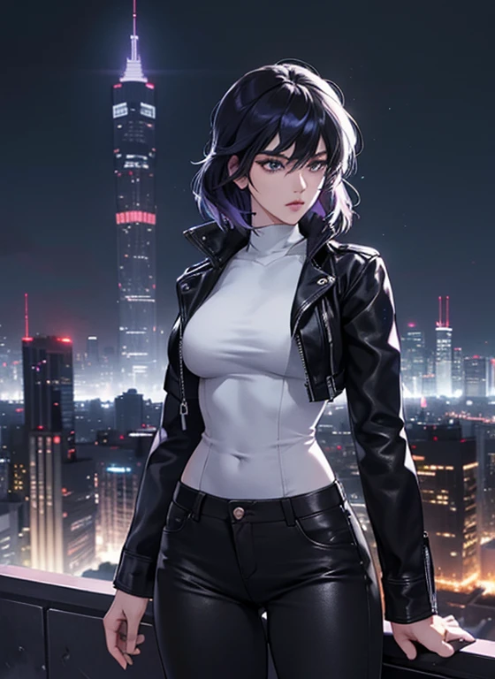 「Futuristic city night、On the rooftop of a building lit up with neon lights、Kusanagi Motoko looks down at the streetscape.。Wearing a black leather jacket and grey skinny pants、Her short black hair is swaying in the night breeze。Sharp eyes are directed forward、The city lights make her silhouette stand out。Behind her, you can see the night view.、The lights of the buildings reflect the pulse of the city。」