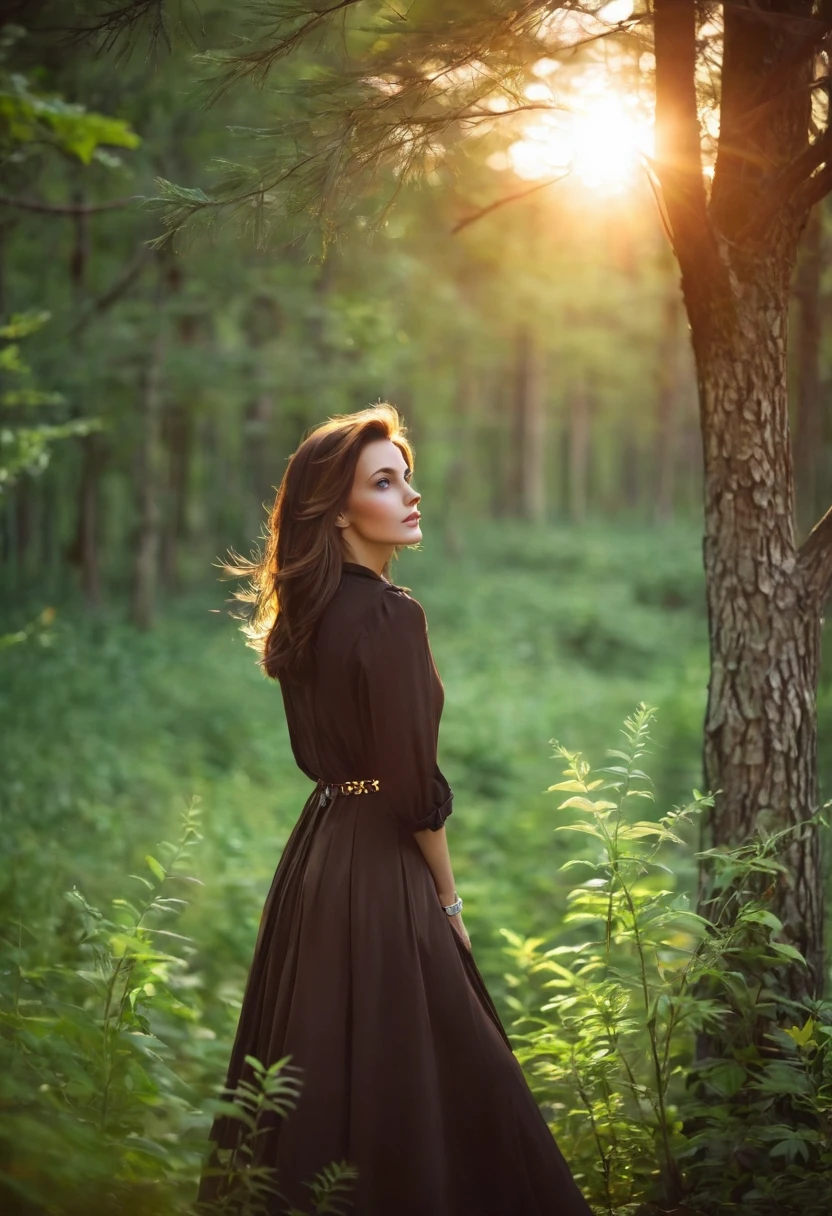 Beautiful mysterious woman with brown hair, Watch the sunset in a beautiful forest