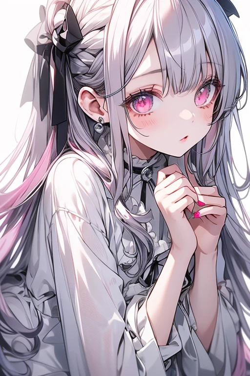 hair(straight、long、pink)、Big Breastysterious、Elegant face、Beautiful eyes、Silver eyes、1 Beautiful Girl、The outfit is a silver dress