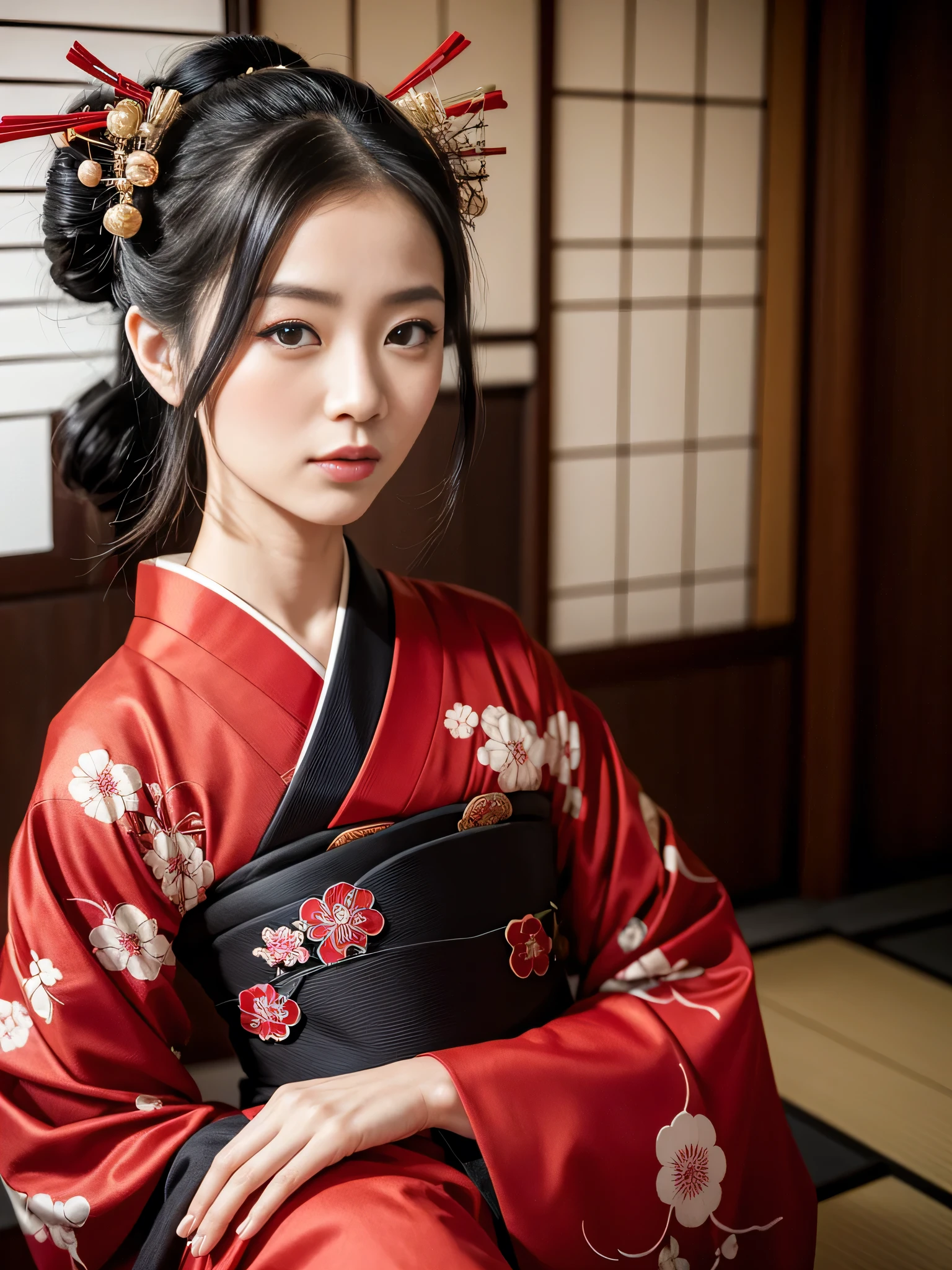 Red kimono, Geisha hairstyle, Japanese Geisha, Photographic portrait of a geisha, Beautiful geisha, Traditional Japan, Japanese skilled geisha, Japanese women, Remarkable traditional geisha costume,