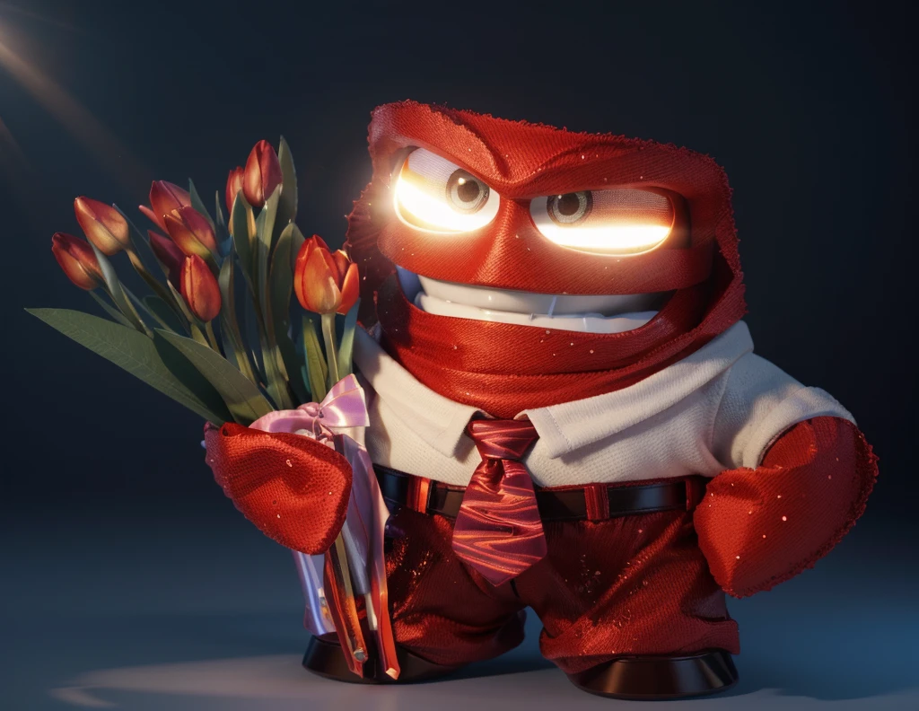A frowning cartoon character with red hair and a red tie carrying a bouquet of red flowers, smooth 3d model, glossy plastic texture, multiple light sources, rim light, sharp post effects render, most beautiful vfx, , realistic, 4k, high resolution, rim light, smooth 3d model. , glossy texture, smooth 3d model, multiple light sources, rim light, sharp post effects render, (glossy plastic texture with multiple big light probe refractions), perfect cgi, reflective, best quality, 4k, masterpiece:1.2, ultra-detailed, realistic, vivid colors, The image of the highest quality, ensuring every detail showcased perfectly. It in 4k resolution, allowing viewers to immerse themselves in the richness of the colors and intricate details. The realistic rendering. under the spotlight, reflecting, high-resolution image, realistic rendering