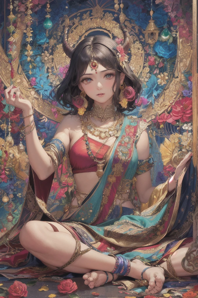 (masterpiece, Highest quality, Highest quality, Official Art, beautifully、aesthetic:1.2), (One girl:1.3), Very detailed,(Fractal Art:1.1),(colorful:1.1)(Flowers:1.3),Most detailed,(Tangled:1.2), (Dynamic pose), (Abstract background:1.3), (Indian Traditional Cloth:1.2), (Shiny skin), (Many colors:1.4), ,(Earrings:1.4),Horns on the head