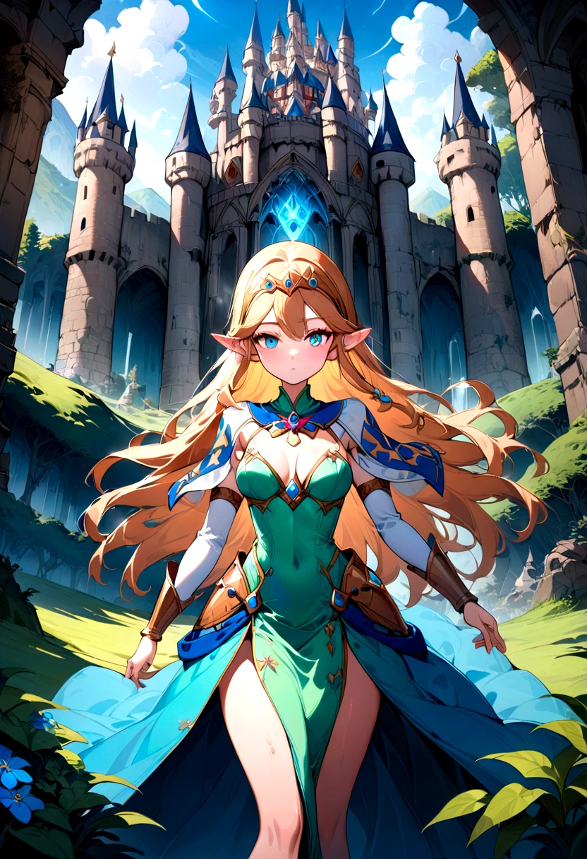 1girl, Princess Zelda, The Legend of Zelda, A highly detailed fantasy landscape,rolling hills,lush forests,medieval castle,ancient ruins,glowing magical crystals,dramatic lighting,epic adventure,beautiful detailed eyes,extremely detailed face and intricate outfit,stunning digital art,cinematic composition,vibrant colors,dramatic lighting,fantasy art,concept art,ultra-detailed,8k,professional, masterpiece, best quality, very aesthetic, absurdres