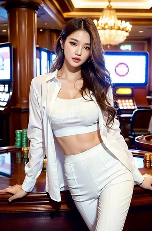- [ ] realistic:1.37, Masterpiece, best quality, raw image, nonsense, UHD, 1 girl, Wavy hair, brown hair , look at viewer, In a large office casino in a high-rise office building in Nevada, ,Casino and slot machine environment,complicated details, Detailed background, Fine skin, hair follicles, height, HDR , Presentation to ten men , modelที่สวยงาม, Soft light on the face,JP_model , Medium bust, 30-year-old woman ,((white shirt,Pant set ))