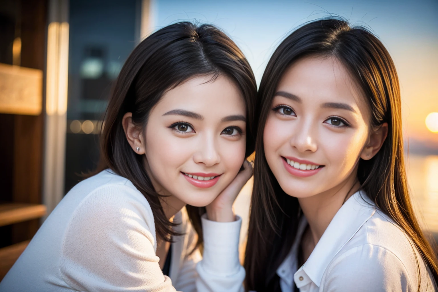 ((Highest quality、8K、masterpiece:1.3))、cute、Slim Couple、Model Couple、Beautiful actress, (Brown Hair), Handsome、The best smile、Happy Smile、45 years old 39 years old、Shortcuts、Upper Body、(Realistic, Intricate details:1.2), full-course dinner、Wine Party、Amazing view of the sunset sky and clouds、Sweet eye angle, Ultra HD 8K, Ultra-realistic, photograph, Cinematic, photograph, Wide-angle, Detailed Visuals, 3D Rendering, Soft texture, Realistic, Close up zoom in, (Front view), ((View your viewers)), Perfect corner angle, Thin lips, Natural Beauty, (Soft and super white skin), Perfect Skin, (masterpiece), (Beautiful attention to detail), (Makes your face smaller), No makeup, Skinny Wine Bottle、Champagne、sparkling wine、Two beauties、Brown Hair、Shortcuts、Long sleeve shirt、dress、