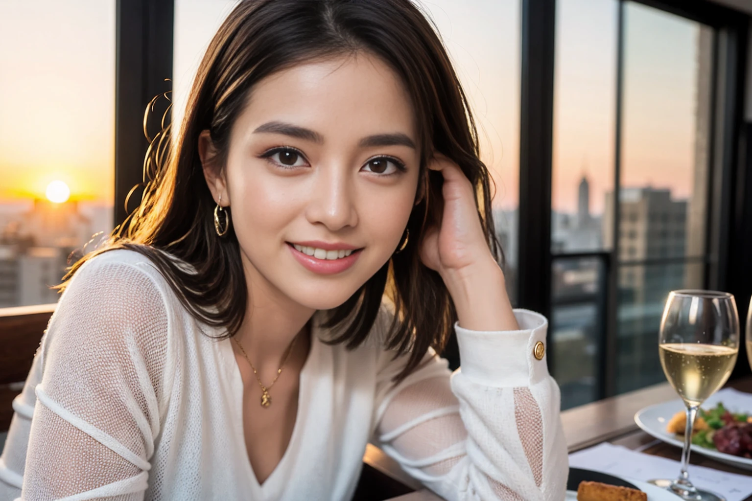 ((Highest quality、8K、masterpiece:1.3))、cute、Slim Couple、Model Couple、Beautiful actress, (Brown Hair), Handsome、The best smile、Happy Smile、45 years old 39 years old、Shortcuts、Upper Body、(Realistic, Intricate details:1.2), full-course dinner、Wine Party、Amazing view of the sunset sky and clouds、Sweet eye angle, Ultra HD 8K, Ultra-realistic, photograph, Cinematic, photograph, Wide-angle, Detailed Visuals, 3D Rendering, Soft texture, Realistic, Close up zoom in, (Front view), ((View your viewers)), Perfect corner angle, Thin lips, Natural Beauty, (Soft and super white skin), Perfect Skin, (masterpiece), (Beautiful attention to detail), (Makes your face smaller), No makeup, Skinny Wine Bottle、Champagne、sparkling wine、Two beauties、Brown Hair、Shortcuts、Long sleeve shirt、dress、