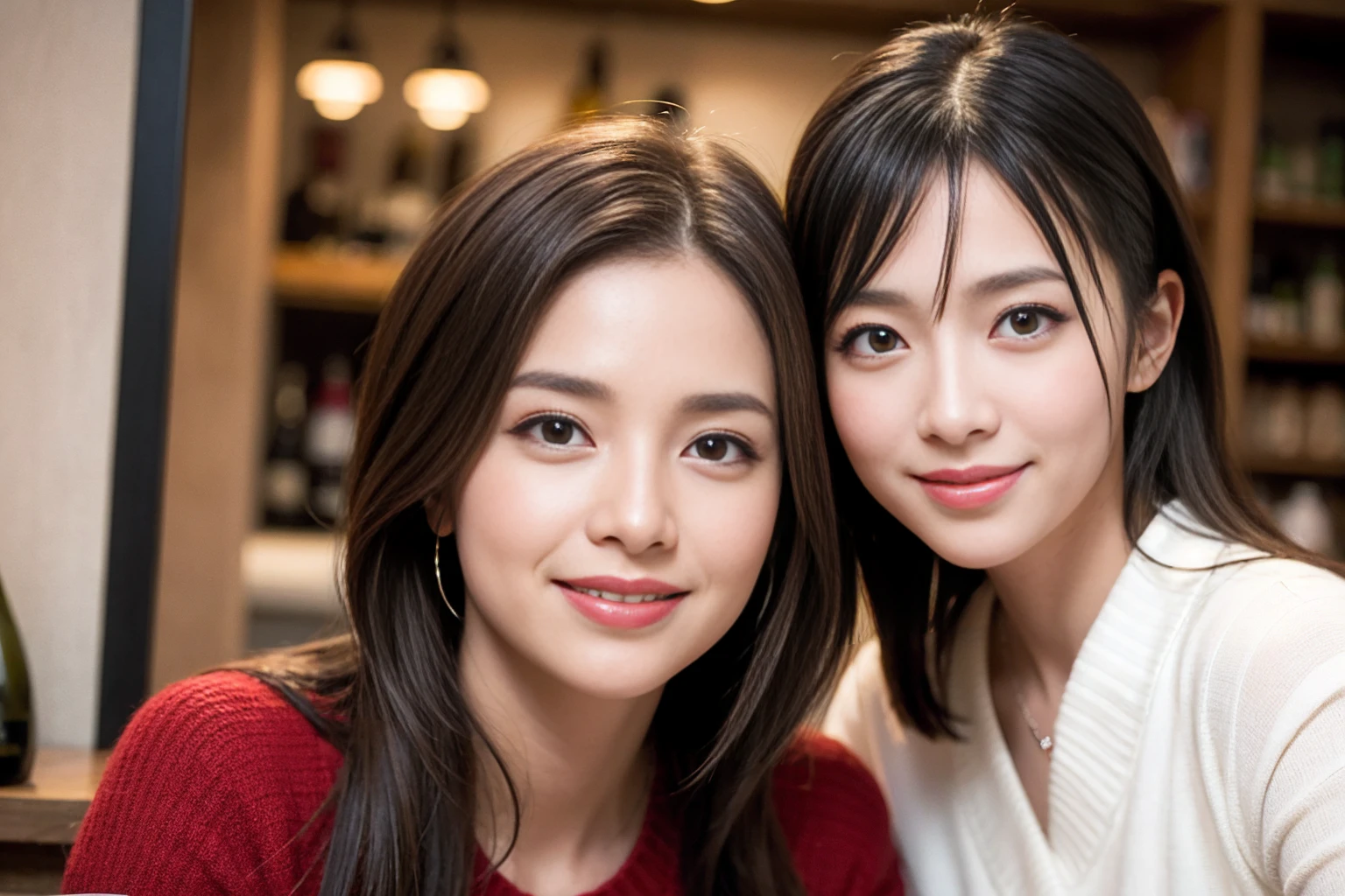 ((Highest quality、8K、masterpiece:1.3))、cute、Slim Couple、Model Couple、Beautiful actress, (Brown Hair), Handsome、The best smile、Happy Smile、45 years old 39 years old、Shortcuts、Upper Body、(Realistic, Intricate details:1.2), full-course dinner、Wine Party、Amazing view of the sunset sky and clouds、Sweet eye angle, Ultra HD 8K, Ultra-realistic, photograph, Cinematic, photograph, Wide-angle, Detailed Visuals, 3D Rendering, Soft texture, Realistic, Close up zoom in, (Front view), ((View your viewers)), Perfect corner angle, Thin lips, Natural Beauty, (Soft and super white skin), Perfect Skin, (masterpiece), (Beautiful attention to detail), (Makes your face smaller), No makeup, Skinny Wine Bottle、Champagne、sparkling wine、Two beauties、Brown Hair、Shortcuts、Long sleeve shirt、dress、