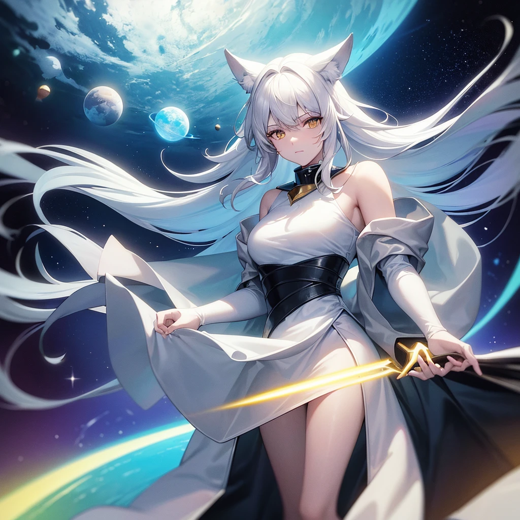 A white wolf looking at a space landscape with several planets in neon colors
