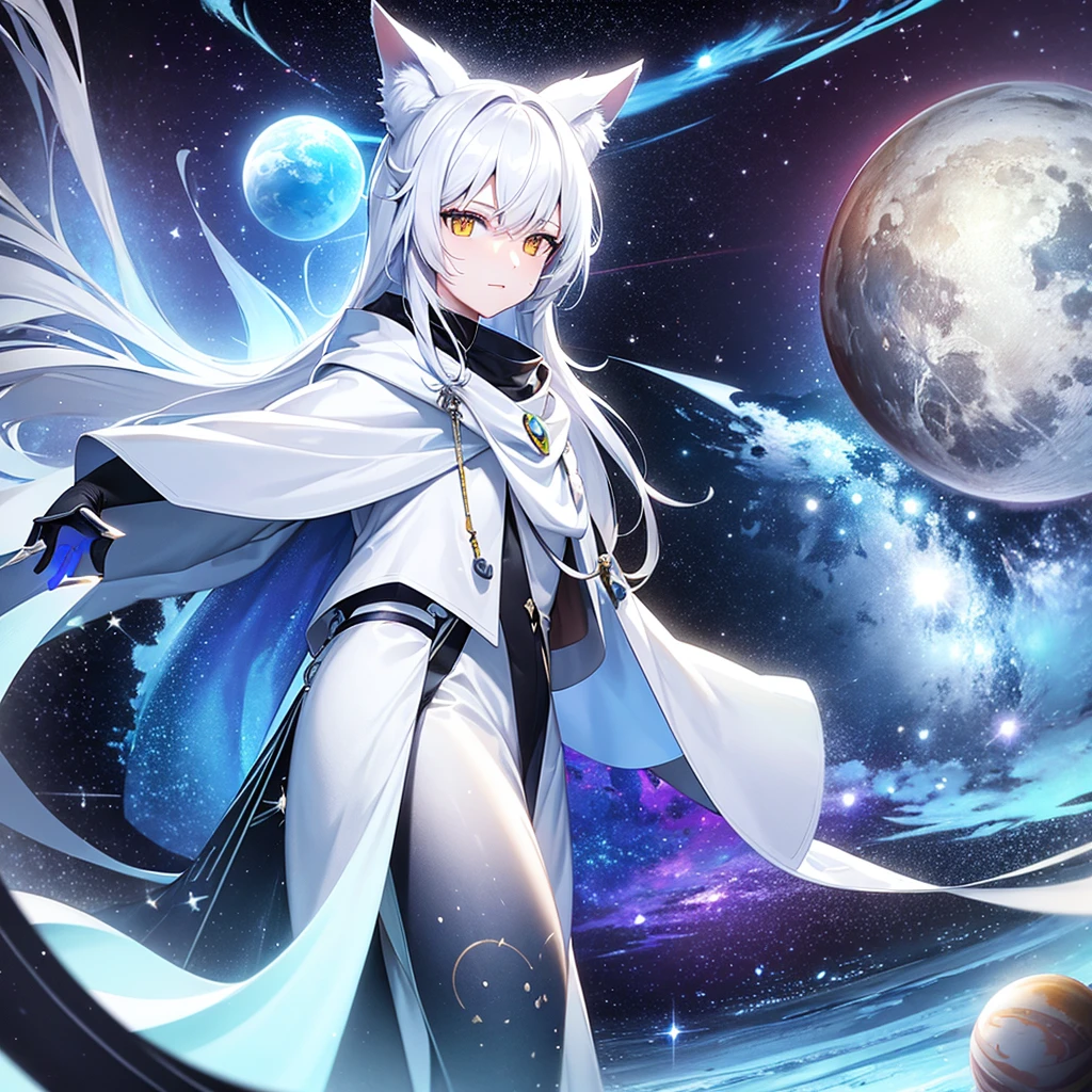 A white wolf looking at a space landscape with several planets in neon colors