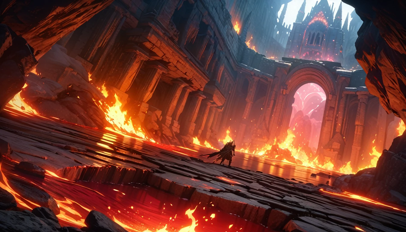 The ruins of the castle, Underground Cave, Huge open space, Magma Lake, Deep red and orange, Hot Surface, Castle built of stone, Decorations on the walls, Fire themed accessories, Crimson light, bright pictures, Lost Izalith, Dark Souls 1, Epic atmosphere, Flame particles in the air, Wide-angle lens, 4K, HD, high resolution, best quality, high quality, The award-winning, Super Detail, UHD, masterpiece