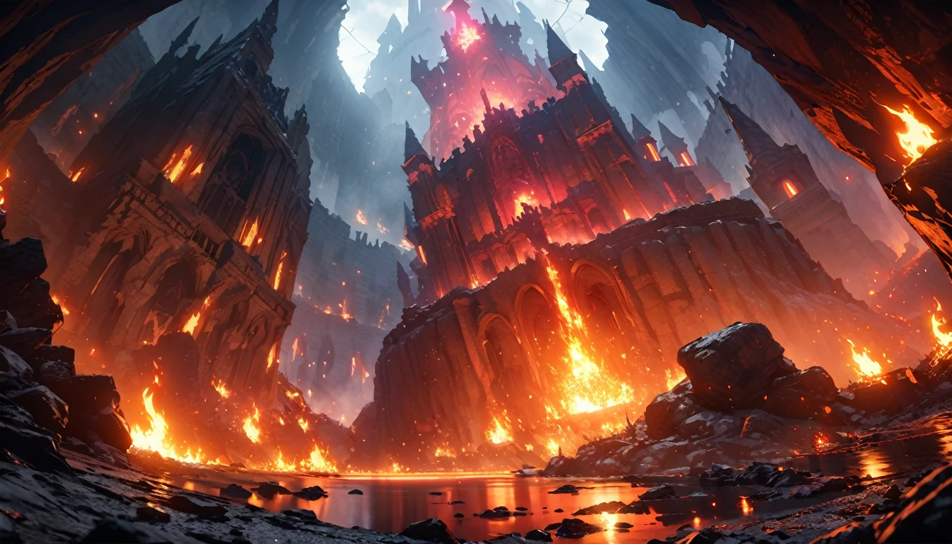  The ruins of the castle, Underground Cave, Huge open space, Magma Lake, Deep red and orange, Hot Surface, Castle built of stone, Decorations on the walls, Fire themed accessories, Crimson light, bright pictures, Lost Izalith, Dark Souls 1, Epic atmosphere, Flame particles in the air, Wide-angle lens, 4K, HD, high resolution, best quality, high quality, The award-winning, Super Detail, UHD, masterpiece