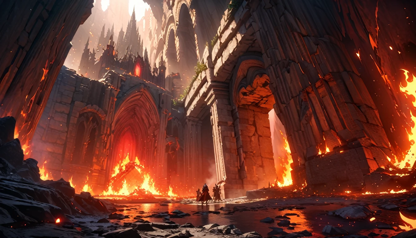 The ruins of the castle, Underground Cave, Huge open space, Magma Lake, Deep red and orange, Hot Surface, Castle built of stone, Decorations on the walls, Fire themed accessories, Crimson light, bright pictures, Lost Izalith, Dark Souls 1, Epic atmosphere, Flame particles in the air, Wide-angle lens, 4K, HD, high resolution, best quality, high quality, The award-winning, Super Detail, UHD, masterpiece