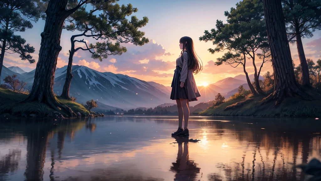 An anime girl standing prominently at the edge of a tranquil lake at dawn, with the first light of morning reflecting off the calm water. She is in the foreground, her expression a mix of sorrow and determination clearly visible. In her hands, she holds a delicate, broken mask, symbolizing the lies and deceit she has uncovered. The background shows a serene landscape with mist rising from the lake, trees silhouetted against the early morning sky, and distant mountains just beginning to catch the light of the rising sun. Around her feet, there are scattered petals and torn pages, remnants of the false promises and stories she has left behind. The overall mood is one of quiet strength and new beginnings, with soft, natural lighting highlighting her figure and the emotional transition from darkness to hope.