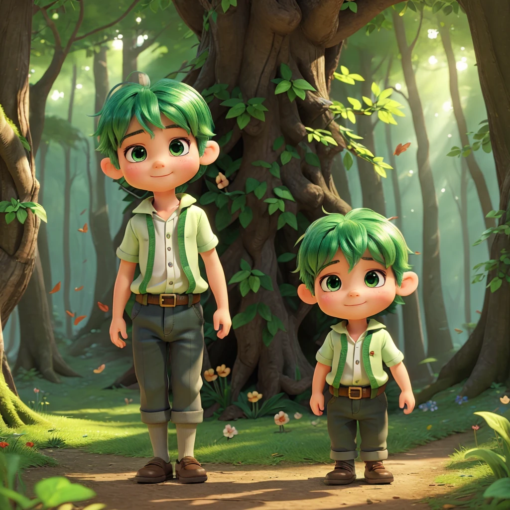 The world of fairy tale picture books、cover、(A little boy who is a fairy living in the forest)very cute、((One fairy boy))、Green Hair、Disney's Worldview、limbs are short、Half human, half fairy face
