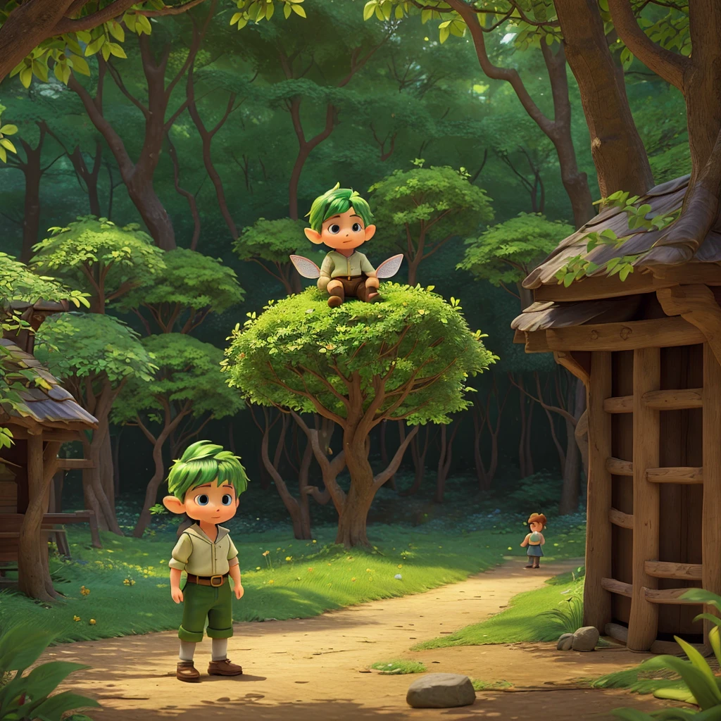 The world of fairy tale picture books、cover、(A who is a fairy living in the forest)very cute、((One fairy boy))、Green Hair、Disney's Worldview、limbs are short、Half human, half fairy face