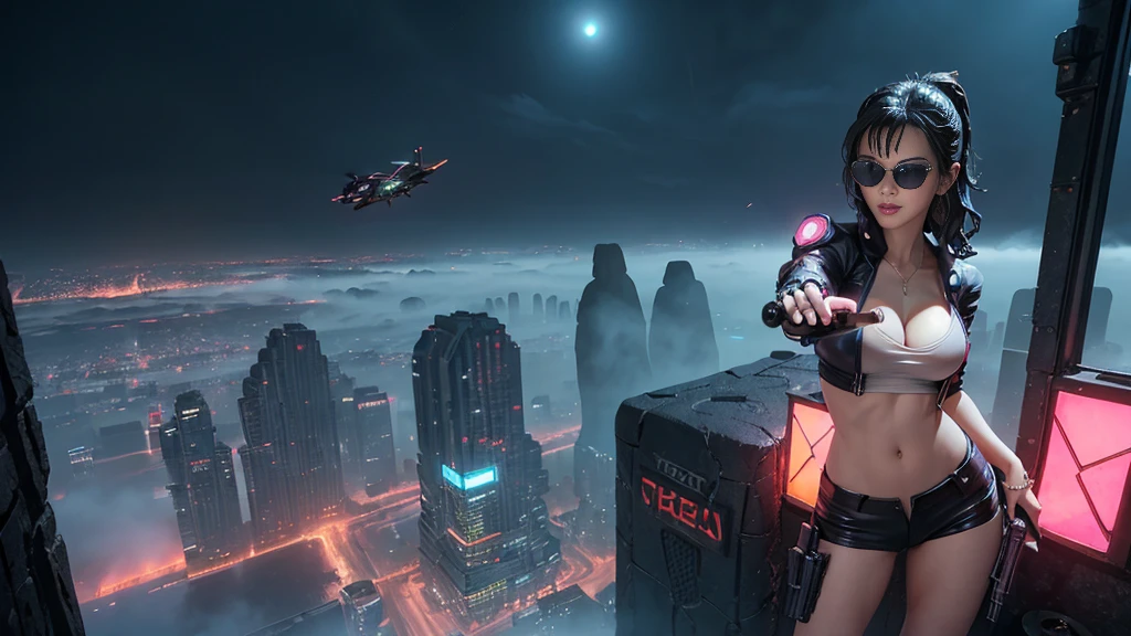 At night, dark sky, aerial view of fantasy cyberpunk style Moai-statue city, ((flying vehicle)). ((1girl, solo, alone)), photo realistic, medium-breast:1.1 slim body, cleavage, sexy clothes, (black sunglasses), (((hip-up standing and pistol aiming pose))), half-body thigh level medium shot, cinematic lighting.