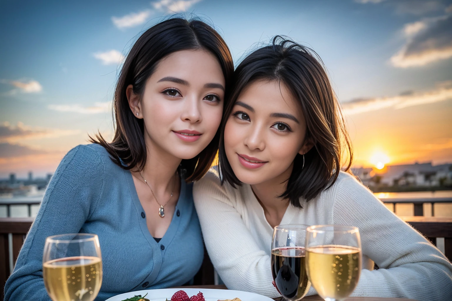 ((Highest quality、8K、masterpiece:1.3))、cute、Slim Couple、Model Couple、Beautiful actress, (Brown Hair), Handsome、The best smile、Happy Smile、45 years old 48 years old、Shortcuts、Upper Body、(Realistic, Intricate details:1.2), full-course dinner、Wine Party、Amazing view of the sunset sky and clouds、Sweet eye angle, Ultra HD 8K, Ultra-realistic, photograph, Cinematic, photograph, Wide-angle, Detailed Visuals, 3D Rendering, Soft texture, Realistic, Close up zoom in, (Front view), ((View your viewers)), Perfect corner angle, Thin lips, Natural Beauty, (Soft and super white skin), Perfect Skin, (masterpiece), (Beautiful attention to detail), (Makes your face smaller), No makeup, Skinny Wine Bottle、Champagne、sparkling wine、Two beauties、Brown Hair、Shortcuts、Long sleeve shirt、dress、