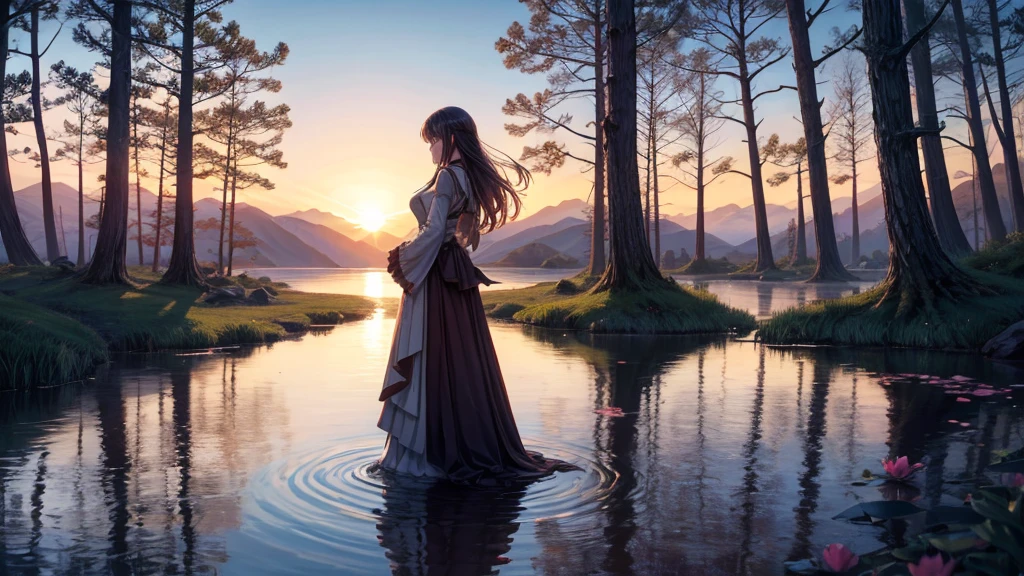 An anime girl standing prominently at the edge of a tranquil lake at dawn, with the first light of morning reflecting off the calm water. She is in the foreground, her expression a mix of sorrow and determination clearly visible. In her hands, she holds a delicate, broken mask, symbolizing the lies and deceit she has uncovered. The background shows a serene landscape with mist rising from the lake, trees silhouetted against the early morning sky, and distant mountains just beginning to catch the light of the rising sun. Around her feet, there are scattered petals and torn pages, remnants of the false promises and stories she has left behind. The overall mood is one of quiet strength and new beginnings, with soft, natural lighting highlighting her figure and the emotional transition from darkness to hope.
