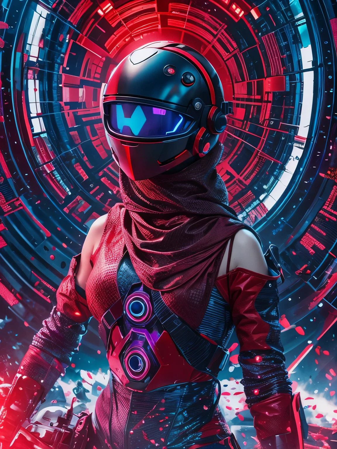 Full body. An ultra hot gorgeous European woman covered in loose clothing. Blue cotton veils. Large breast. ((Her face is hidden behind a futuristic helmet )).A sci-fi image. In an aseptic setting. Red hues.