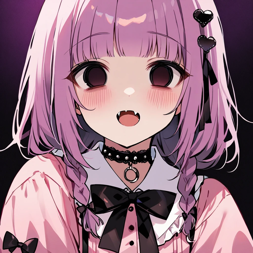 Top quality, masterpiece, chibi character, peal purple and blunt bangs hair, twin braids, green eyes, mouth wide open and screaming, blushing, smilng,fangs,(a girl with closs hair pin,
pink shirt,cosplay, jirai kei, bangs, black skirt, black bow, looking at viewer, bow, long sleeves, choker, ribbon,portrait shot,empty eyes, yandere : :1.4),A girl collapses face down,