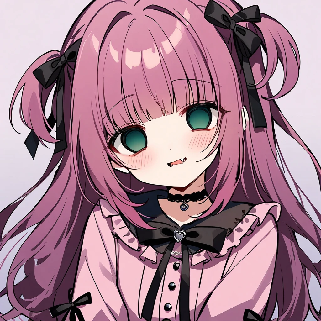 Top quality, masterpiece, chibi character, peal purple and blunt bangs hair, twin braids, green eyes, mouth wide open and screaming, blushing, smilng,fangs,(a girl with closs hair pin,
pink shirt,cosplay, jirai kei, bangs, black skirt, black bow, looking at viewer, bow, long sleeves, choker, ribbon,portrait shot,empty eyes, yandere : :1.4),A girl collapses face down,