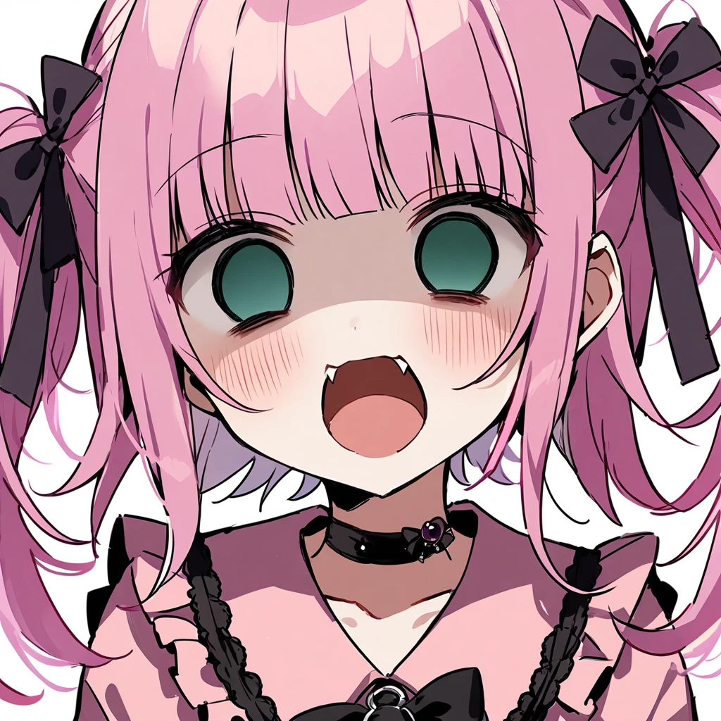 Top quality, masterpiece, chibi character, peal purple and blunt bangs hair, twin braids, green eyes, mouth wide open and screaming, blushing, smilng,fangs,(a girl with closs hair pin,
pink shirt,cosplay, jirai kei, bangs, black skirt, black bow, looking at viewer, bow, long sleeves, choker, ribbon,portrait shot,empty eyes, yandere : :1.4),A girl collapses face down,