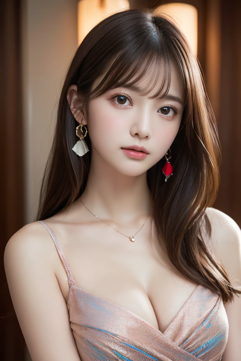 (Anatomically correct:1.3), (Professional portrait、Professional Writing)、detailed、(8K, High resolution:1.2)、(RAW Photos, Realistic:1.3)、Slim figure、Delicate and beautiful face、High resolutionの目、(Symmetrical eyes)、High quality and beautiful skin、Firm Skin、Natural Makeup、Gloss Lip, High-definition hair texture、Highest quality、masterpiece、Japanese women、 age、(Half Up:1.3), very cute, (Party Dresses, Multi-colored dress:1.3)、(Embarrassing:1.3), (shy:1.3), (Embarrassed look :1.3)、 Hotel Rooms、(Center of chest, Nipples are slightly visible:1.2), Thin Necklace、Small earrings, (Please place your hand on your chest), (View your viewers:1.3)