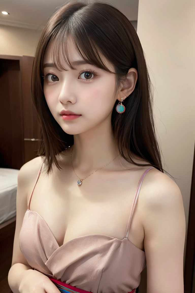 (Anatomically correct:1.3), (Professional portrait、Professional Writing)、detailed、(8K, High resolution:1.2)、(RAW Photos, Realistic:1.3)、Slim figure、Delicate and beautiful face、High resolutionの目、(Symmetrical eyes)、High quality and beautiful skin、Firm Skin、Natural Makeup、Gloss Lip, High-definition hair texture、Highest quality、masterpiece、Japanese women、 age、(Half Up:1.3), very cute, (Party Dresses, Multi-colored dress:1.3)、(Embarrassing:1.3), (shy:1.3), (Embarrassed look :1.3)、 Hotel Rooms、(Center of chest, Nipples are slightly visible:1.2), Thin Necklace、Small earrings, (Please place your hand on your chest), (View your viewers:1.3)