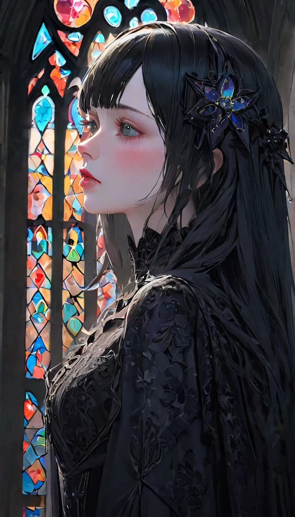 (UHigh resolution, retina, masterpiece, Accurate, Anatomically correct, Textured skin, Very detailed, Attention to detail, high quality, 最high quality, High resolution, 1080p, High resolution, 4K, 8k, 16k), (Beautiful details, Beautiful lip detail, Very detailedな目と顔), Studio Lighting, Physically Based Rendering, Vibrant colors, (Gothic Dress), (Portraiture, Shiny Hair, Shiny skin), [Stained Glass Windows, Bokeh], (incline one's head to the side:1.5), Eye Reflexes, (blush:1.5), (Gothic art, Pale skin, From above:1.5), Monochrome,