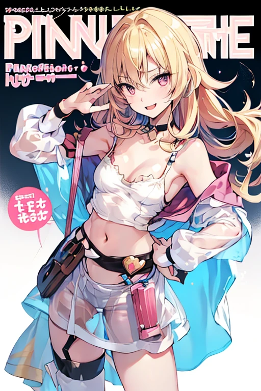 (small breasts:1.2), (perky chest:1.2), (pointed chest:1.2), (Pudding cake magazine cover:1.3),(from above:1.0),(shoot from the side:1.1),masterpiece, 1girl, Amazing Cleavage:1.1, thin waist, optimum,tmasterpiece,hight resolution,best qualtiy,hyper HD,super detailing,awardwinning,a 18yo cute girl,(The upper part of the body),anatomy correct,Beautiful Black miniskirt,garters,Gaze,Small face,bangss,holster,Beautuful Women,hands up,leg holster,Gaze,black boots,Cowboy Shot,cute face,a blond,Longhaire,Twin-tailed,Braids, Hairline,(scarlet eyes),long eyelasher,Hanging eye corners,White skin of the, ((see through camisole:1.1)), ((Sheer nipples:1.0)),Rocket Tits,(Slim body),smile,seductive weak smiling,(with sparkling eyes and a contagious smile),little open mouth, Looking at Viewer,