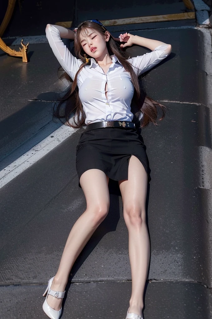 (perfect anatomy, anatomically correct, super detailed skin))), 1 woman, ((Thai university uniform:1.6)), from front, shiny skin, detailed hair, detailed face, detailed eyes, long hair, natural bangs, beautiful body, normal breasts, beautiful thighs, beautiful legs, camel toe, ((detailed cloth texture, button down white shirt, belt, black tight short skirt:1.6, torn skirt:1.7, pantyhose:1.6, high heel shoes)), white panties, beautiful scenery, summer, ((eyes closed:1.6)), (sleeping), laying down on the bed, hotel room, ((unconsciousness:1.7)), (8k, top quality, masterpiece:1.2, extremely detailed), (realistic, photorealistic:1.4), beautiful illustration, dim room lighting,