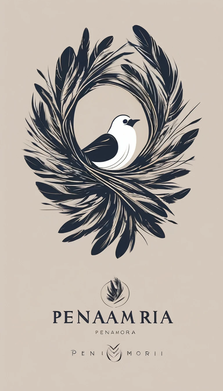 A minimal, modern, simple, cinematic logo design for the brand “Penamemoria". Create a modern, minimalistic, high-quality, logo of a boy inside a nest made of feathers. The logo must be a symbol for dreams, stories, memories, music and imagination.