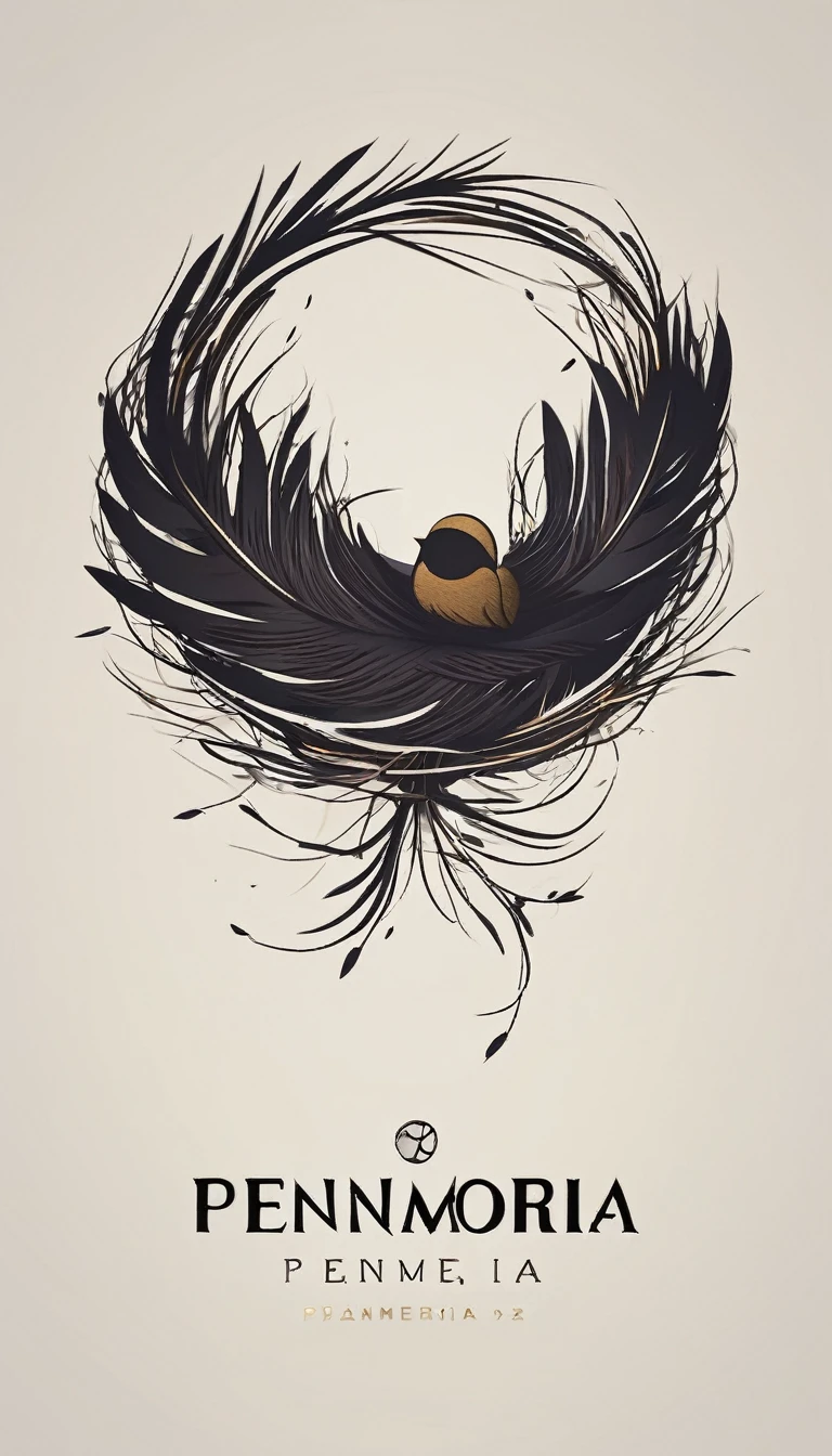 A minimal, modern, simple, cinematic logo design for the brand “Penamemoria". Create a modern, minimalistic, high-quality, logo of a boy inside a nest made of feathers. The logo must be a symbol for dreams, stories, memories, music and imagination.
