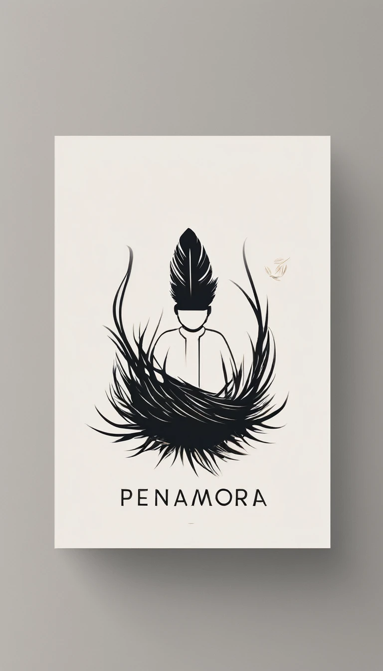 A minimal, modern, simple, cinematic logo design for the brand “Penamemoria". Create a modern, minimalistic, high-quality, logo of a boy inside a nest made of feathers. The logo must be a symbol for dreams, stories, memories, music and imagination.