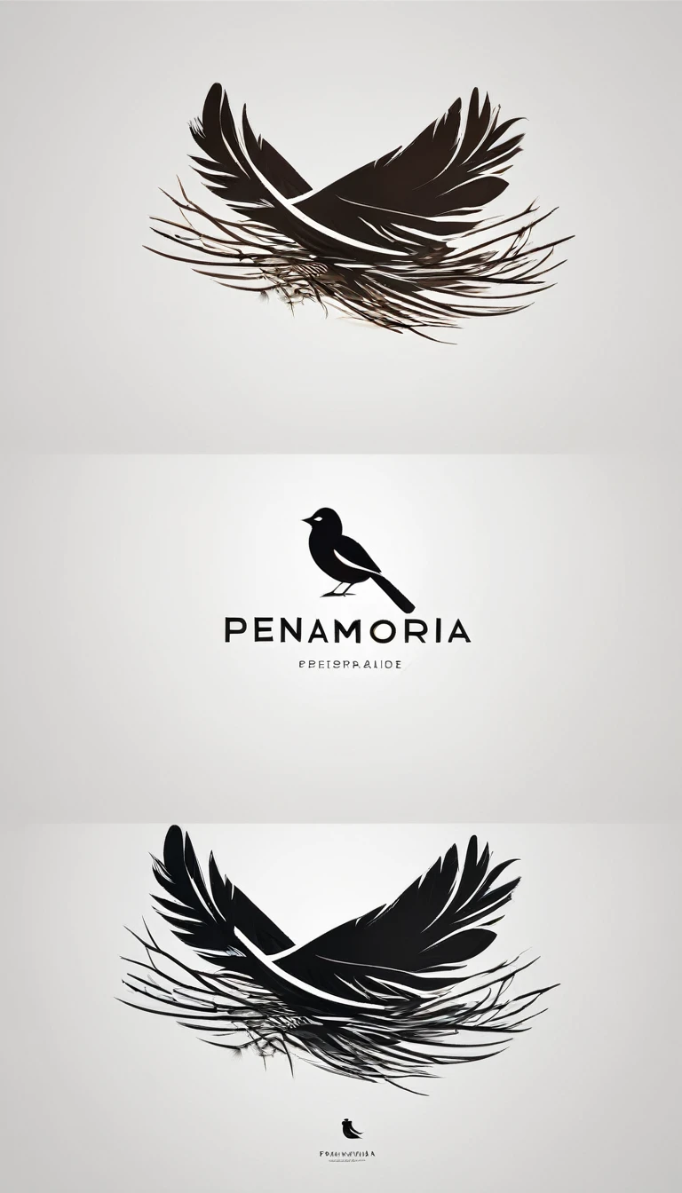 A minimal, modern, simple, cinematic logo design for the brand “Penamemoria". Create a modern, minimalistic, high-quality, logo of a boy inside a nest made of feathers. The logo must be a symbol for dreams, stories, memories, music and imagination.