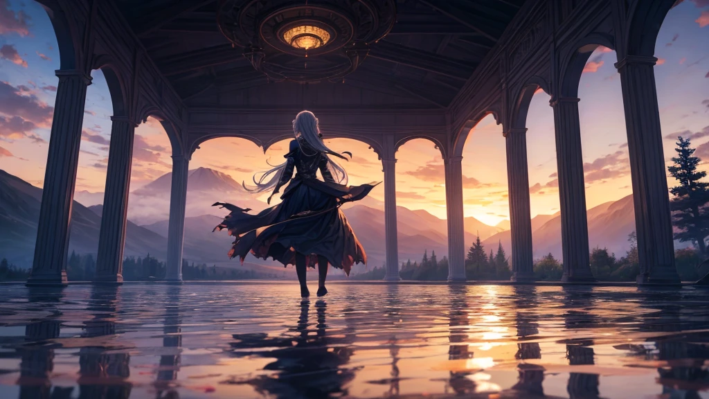 An anime girl standing prominently at the edge of a tranquil lake at dawn, with the first light of morning reflecting off the calm water. She is in the foreground, her expression a mix of sorrow and determination clearly visible. In her hands, she holds a delicate, broken mask, symbolizing the lies and deceit she has uncovered. The background shows a serene landscape with mist rising from the lake, trees silhouetted against the early morning sky, and distant mountains just beginning to catch the light of the rising sun. Around her feet, there are scattered petals and torn pages, remnants of the false promises and stories she has left behind. The overall mood is one of quiet strength and new beginnings, with soft, natural lighting highlighting her figure and the emotional transition from darkness to hope.
