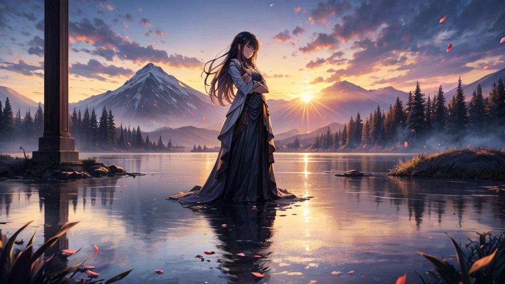 An anime girl standing prominently at the edge of a tranquil lake at dawn, with the first light of morning reflecting off the calm water. She is in the foreground, her expression a mix of sorrow and determination clearly visible. In her hands, she holds a delicate, broken mask, symbolizing the lies and deceit she has uncovered. The background shows a serene landscape with mist rising from the lake, trees silhouetted against the early morning sky, and distant mountains just beginning to catch the light of the rising sun. Around her feet, there are scattered petals and torn pages, remnants of the false promises and stories she has left behind. The overall mood is one of quiet strength and new beginnings, with soft, natural lighting highlighting her figure and the emotional transition from darkness to hope.