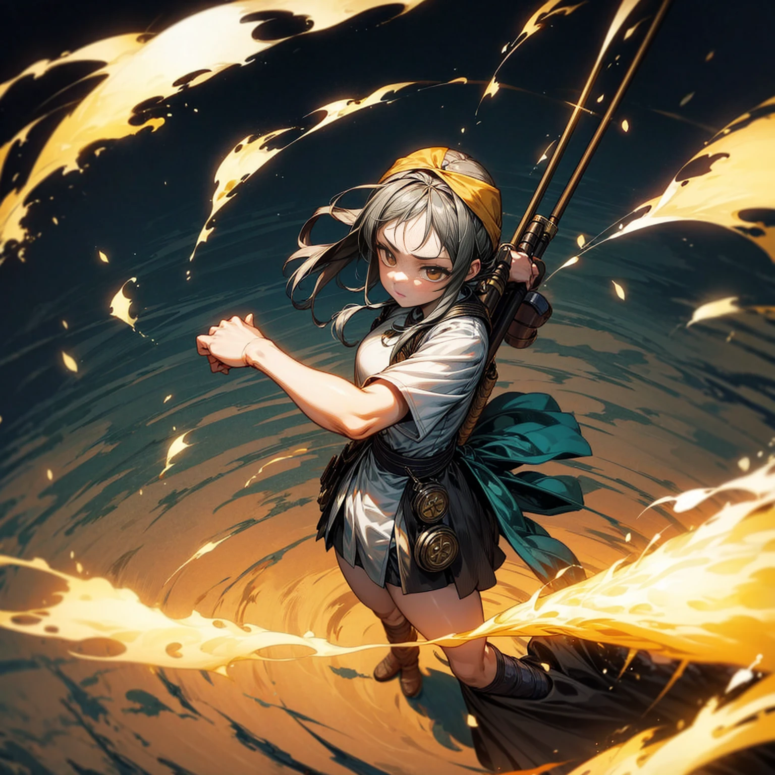 1girl, Full body version, 1character, adult version, gold eyes color, long haircut, (black color hair), bandana, medieval style clothing, bazooka in hand, Grassroots, full background in field forest, motion blur, smoke effect, lighting bazooka, fire, Fire lighting, (Hunter x Hunter style), standing gesture, plasma effect, aura effect, high angle view