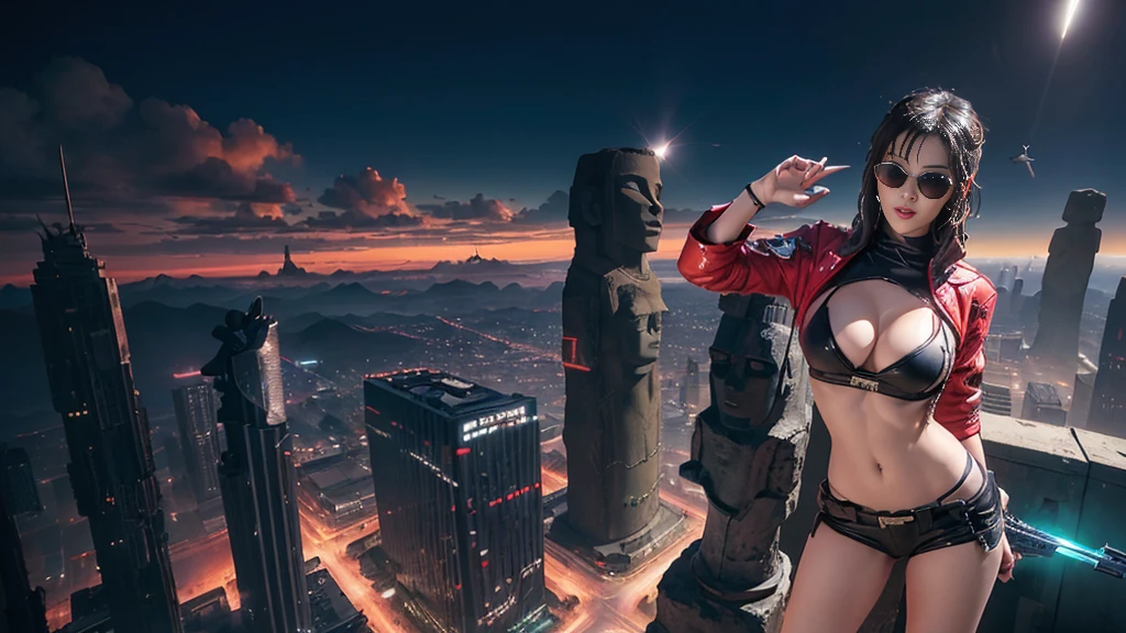 At night, dark sky, aerial view of fantasy cyberpunk style Moai-statue city, ((flying vehicle)). ((1girl, solo, alone)), photo realistic, medium-breast:1.1 slim body, cleavage, sexy clothes, (black sunglasses), (((hip-up standing and pistol aiming pose))), half-body thigh level medium shot, cinematic lighting.