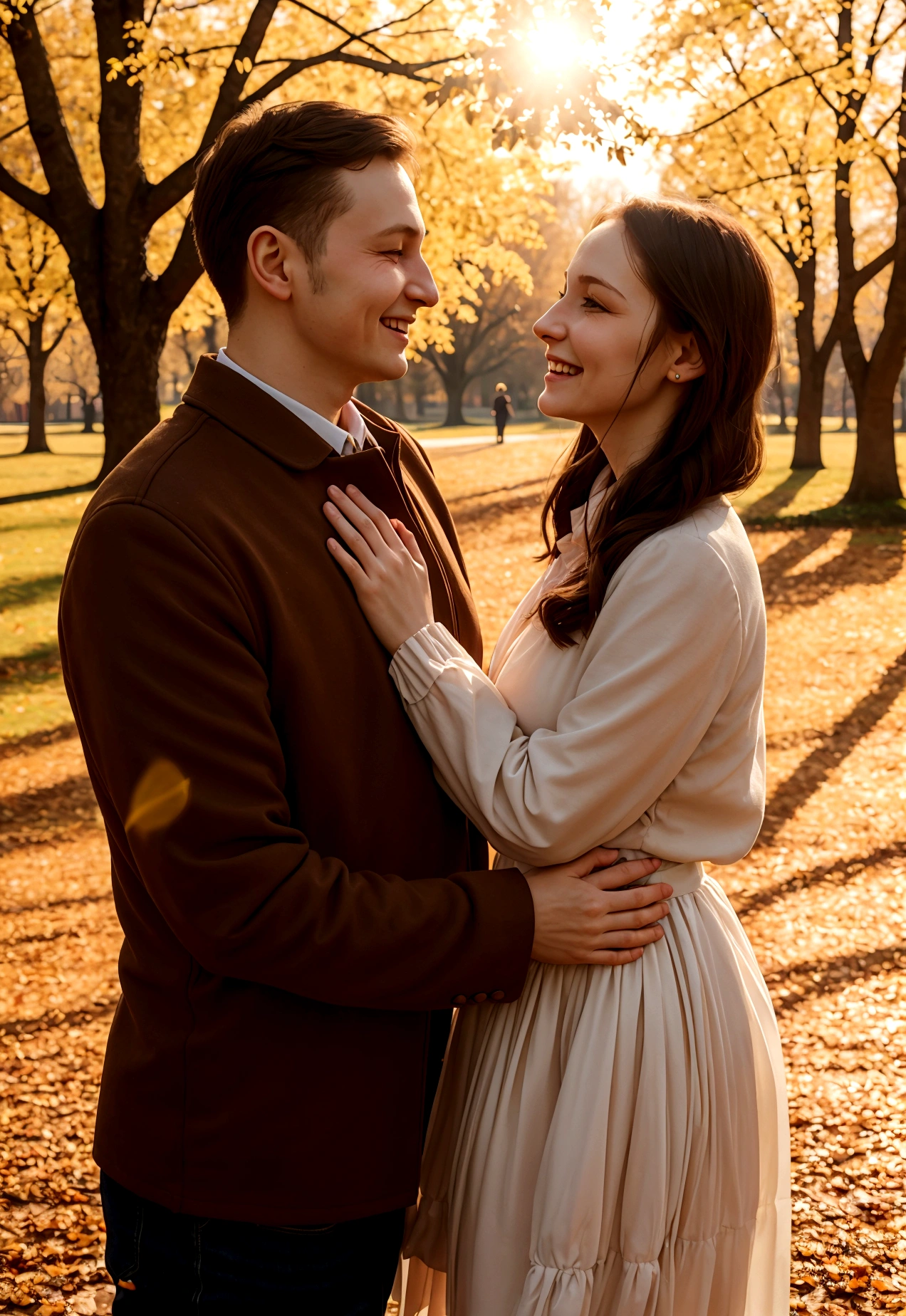 cinematic portrait of Slavic couple with smiling faces, standing in front of the camera, walking in a beautiful blooming park, husband and wife fascinated by nature, soft beauty, gentle sunlight behind, Fallen leaves, Face in front of the camera