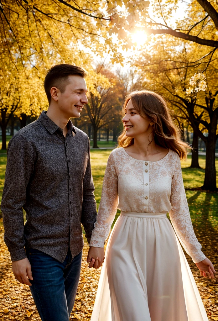 cinematic portrait of Slavic couple with smiling faces, standing in front of the camera, walking in a beautiful blooming park, husband and wife fascinated by nature, soft beauty, gentle sunlight behind, Fallen leaves, Face in front of the camera