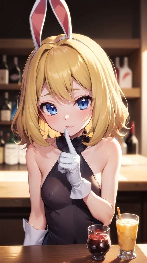 gonzarez, masterpiece, Serenaj, 1girl,l solo,
blue eyes, blonde hair, medium hair, open eyes, bar background, bunny girl, bunny girl outfit , bunng girl gloves, Cute face, 4k
