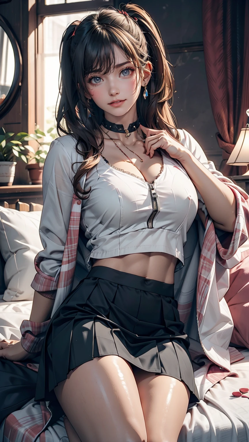 24-year-old female、Silver Hair、Twin tails、Sexy、Sexy proportions、High neck zipper up top with lace embellishment、Lower milk visible、Mini length pleated skirt、Choker with lace embellishment
