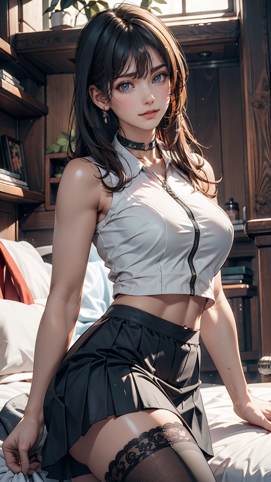 24-year-old female、Silver Hair、Twin tails、Sexy、Sexy proportions、High neck zipper up top with lace embellishment、Lower milk visible、Mini length pleated skirt、Choker with lace embellishment