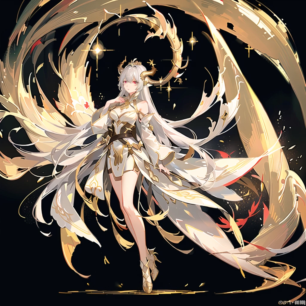 (There is a female emperor floating in the starry sky:1.3),(He has huge silver-scaled and golden-bone dragon wings on his back.:1.3),(Golden horns on the head,There are solar prominences around,Sometimes there is a golden light standing,Like a golden imperial crown:1.3)A head of white hair fell a little on that tall and majestic body,The rest are all flying in the wind and shining brightly in the sunlight.。Wearing a silver robe with a golden dragon pattern,A belt with a golden lotus and a dragon-shaped jade pendant cinched the flowing robe.,Draw the line between upper and lower,The long hair hidden in the silver and gold hem and sleeves(Length)The platinum dragon's tail swings casually。White Hakama Underwear,Gold and silver boots,Artgerm's Art Style, Vadim Kashin, guys,