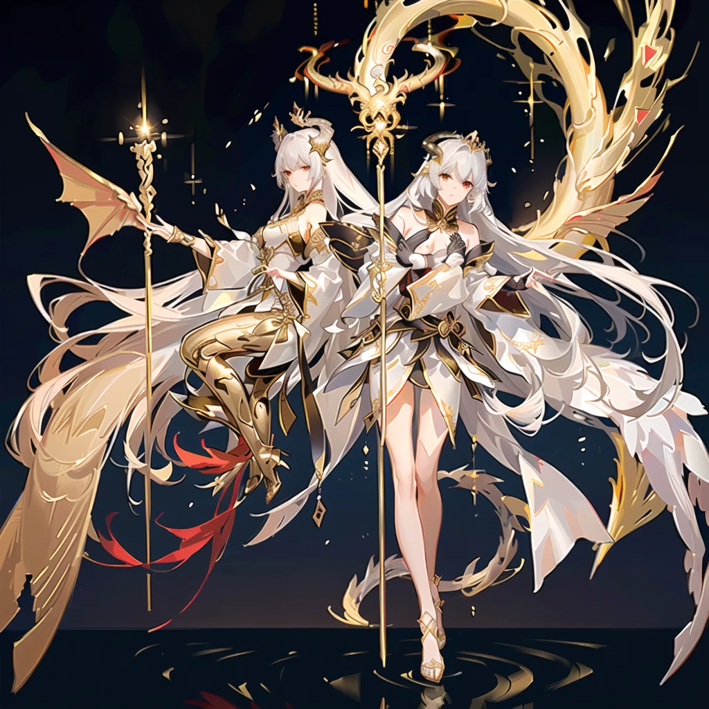 (There is a female emperor floating in the starry sky:1.3),(He has huge silver-scaled and golden-bone dragon wings on his back.:1.3),(Golden horns on the head,There are solar prominences around,Sometimes there is a golden light standing,Like a golden imperial crown:1.3)A head of white hair fell a little on that tall and majestic body,The rest are all flying in the wind and shining brightly in the sunlight.。Wearing a silver robe with a golden dragon pattern,A belt with a golden lotus and a dragon-shaped jade pendant cinched the flowing robe.,Draw the line between upper and lower,The long hair hidden in the silver and gold hem and sleeves(Length)The platinum dragon's tail swings casually。White Hakama Underwear,Gold and silver boots,Artgerm's Art Style, Vadim Kashin, guys,