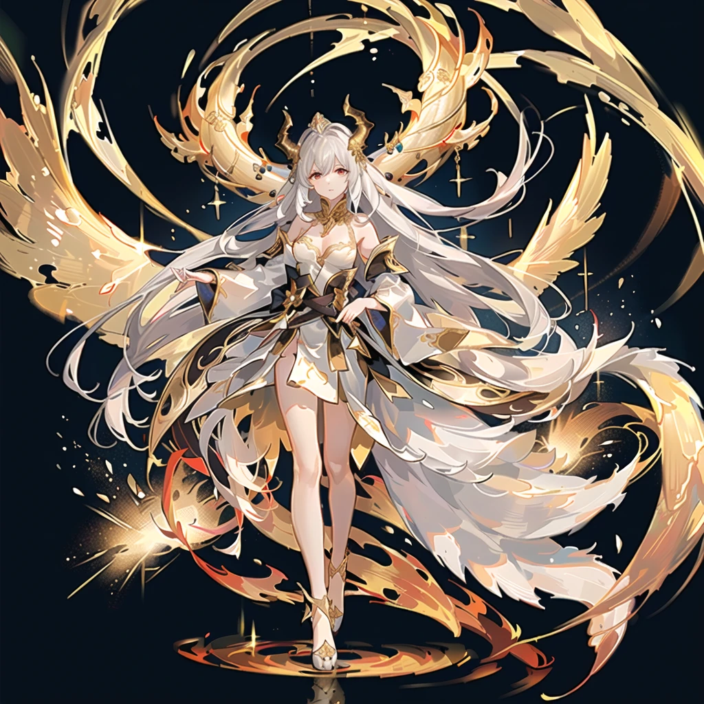 (There is a female emperor floating in the starry sky:1.3),(He has huge silver-scaled and golden-bone dragon wings on his back.:1.3),(Golden horns on the head,There are solar prominences around,Sometimes there is a golden light standing,Like a golden imperial crown:1.3)A head of white hair fell a little on that tall and majestic body,The rest are all flying in the wind and shining brightly in the sunlight.。Wearing a silver robe with a golden dragon pattern,A belt with a golden lotus and a dragon-shaped jade pendant cinched the flowing robe.,Draw the line between upper and lower,The long hair hidden in the silver and gold hem and sleeves(Length)The platinum dragon's tail swings casually。White Hakama Underwear,Gold and silver boots,Artgerm's Art Style, Vadim Kashin, guys,